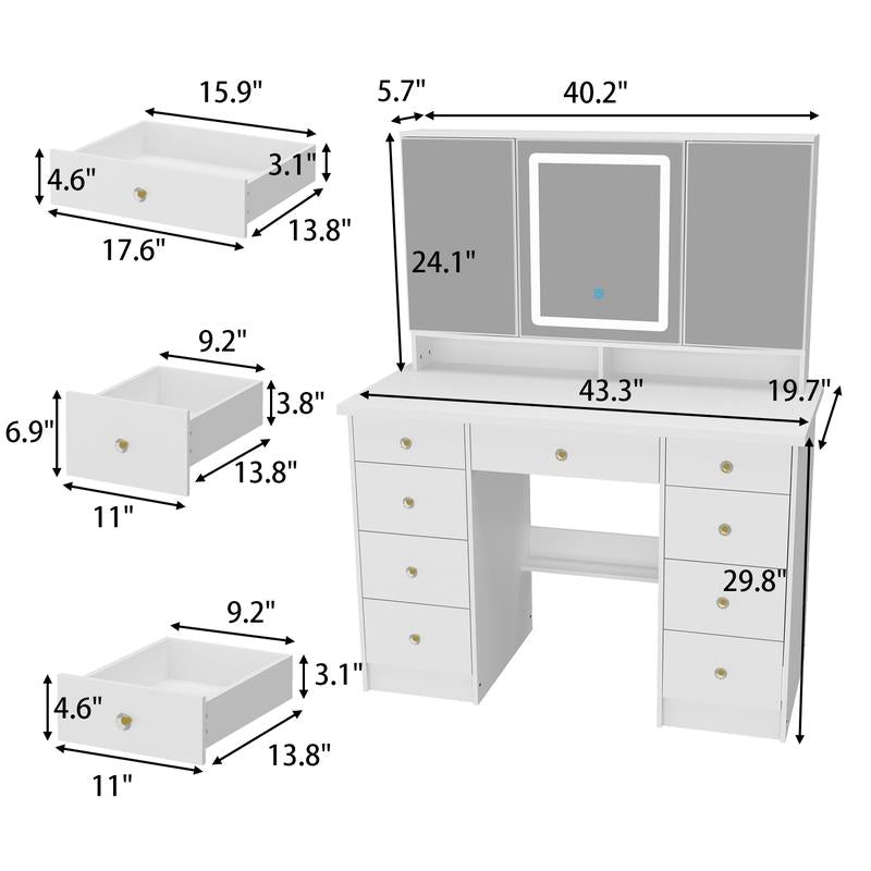 FUFUGAGA Makeup Desk with 3-Mirror and Touch Screen Light, 43.3"W Vanity Desk with 9 Drawers Furniture Organization