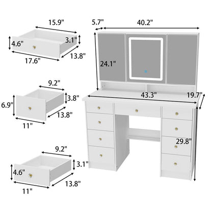 FUFUGAGA Makeup Desk with 3-Mirror and Touch Screen Light, 43.3"W Vanity Desk with 9 Drawers Furniture Organization