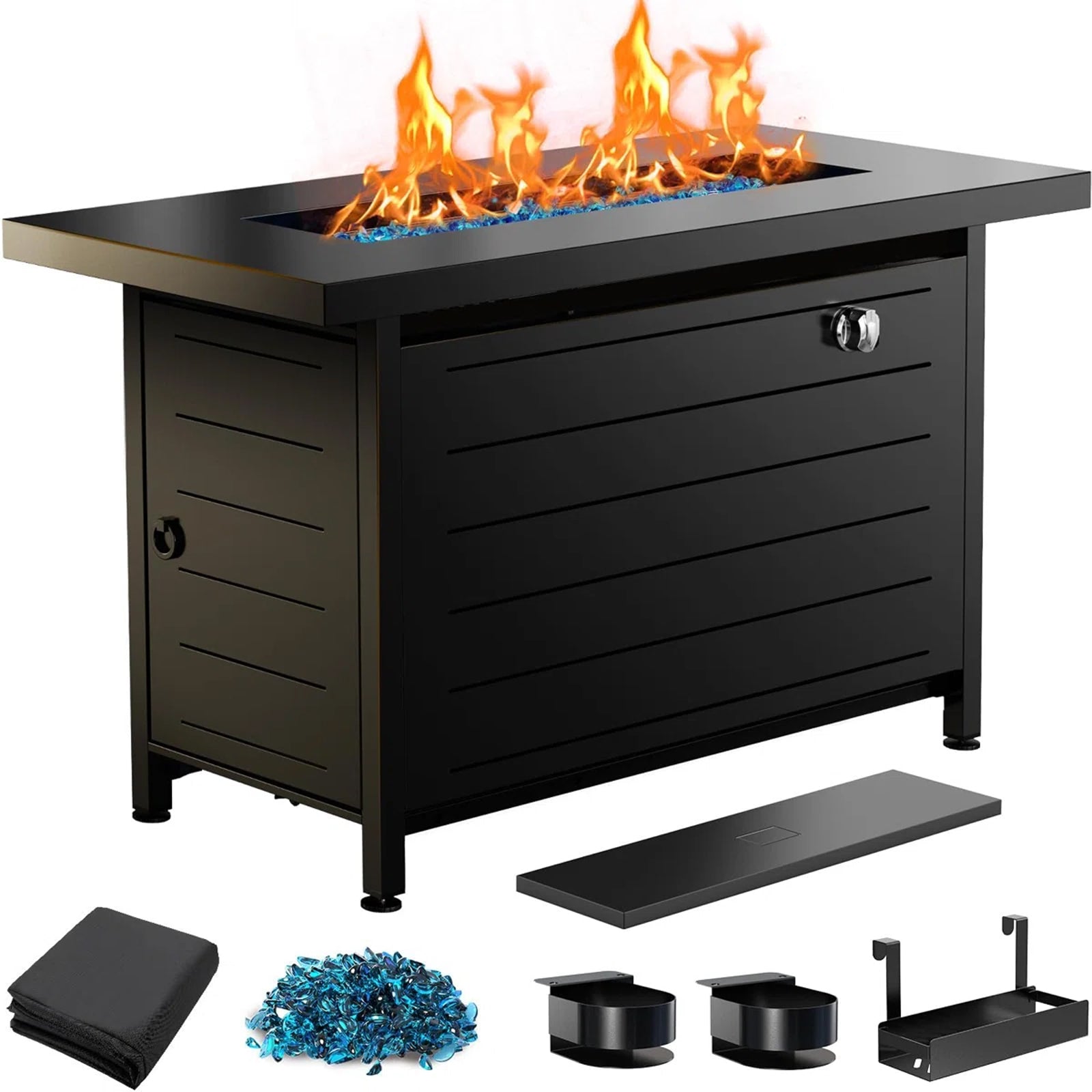43" Propane Fire Pits for outside 60,000 BTU Gas Fire Pit Table for outside with Lid , Glass Beads, Cup Holders, Hanging Shelf & Nylon Cover, Rectangle