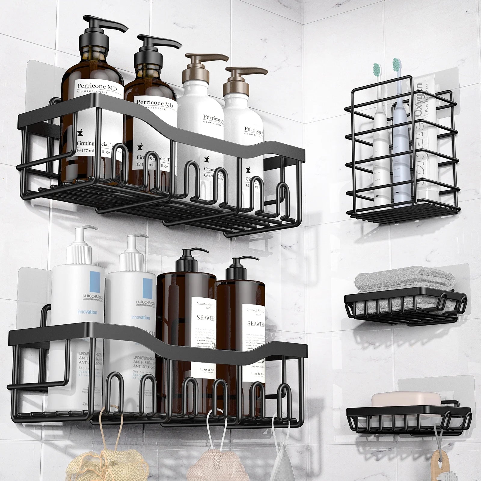 Shower Caddy 5 Pack,Adhesive Shower Organizer for Bathroom Storage&Home Decor&Kitchen,No Drilling,Large Capacity,Rustproof Stainless Steel Bathroom Organizer,Shower Shelves for inside Shower