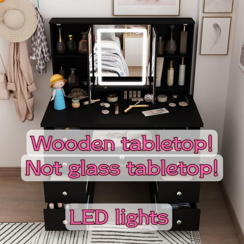 FUFUGAGA Makeup Desk with 3-Mirror and Touch Screen Light, 43.3"W Vanity Desk with 9 Drawers Furniture Organization