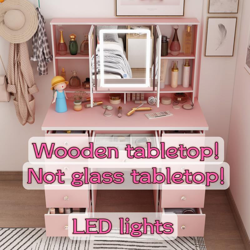 FUFUGAGA Makeup Desk with 3-Mirror and Touch Screen Light, 43.3"W Vanity Desk with 9 Drawers Furniture Organization