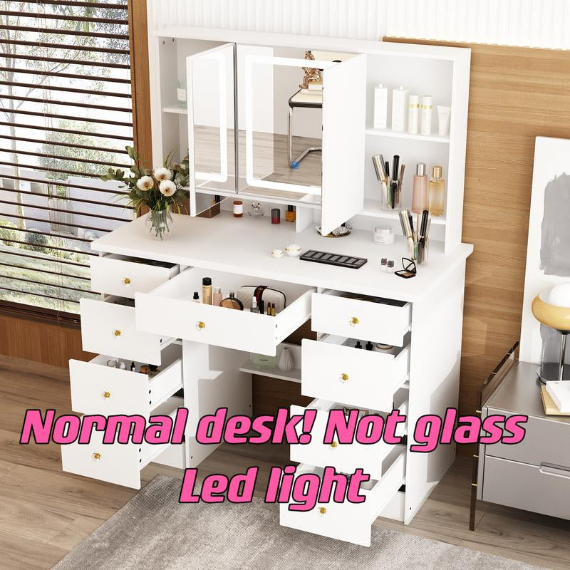 FUFUGAGA Makeup Desk with 3-Mirror and Touch Screen Light, 43.3"W Vanity Desk with 9 Drawers Furniture Organization