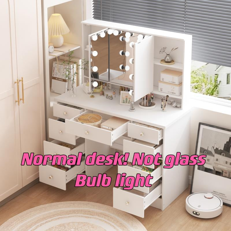 FUFUGAGA Makeup Desk with 3-Mirror and Touch Screen Light, 43.3"W Vanity Desk with 9 Drawers Furniture Organization