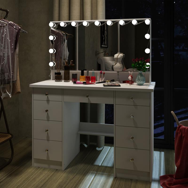 FUFUGAGA Makeup Desk with 3-Mirror and Touch Screen Light, 43.3"W Vanity Desk with 9 Drawers Furniture Organization