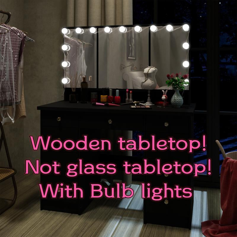 FUFUGAGA Makeup Desk with 3-Mirror and Touch Screen Light, 43.3"W Vanity Desk with 9 Drawers Furniture Organization