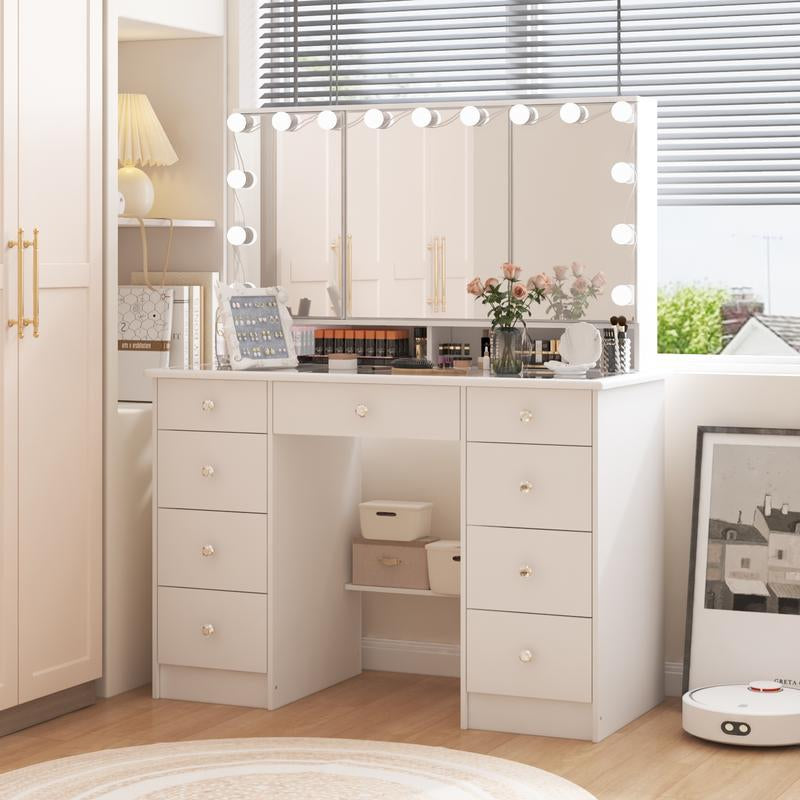 FUFUGAGA Makeup Desk with 3-Mirror and Touch Screen Light, 43.3"W Vanity Desk with 9 Drawers Furniture Organization