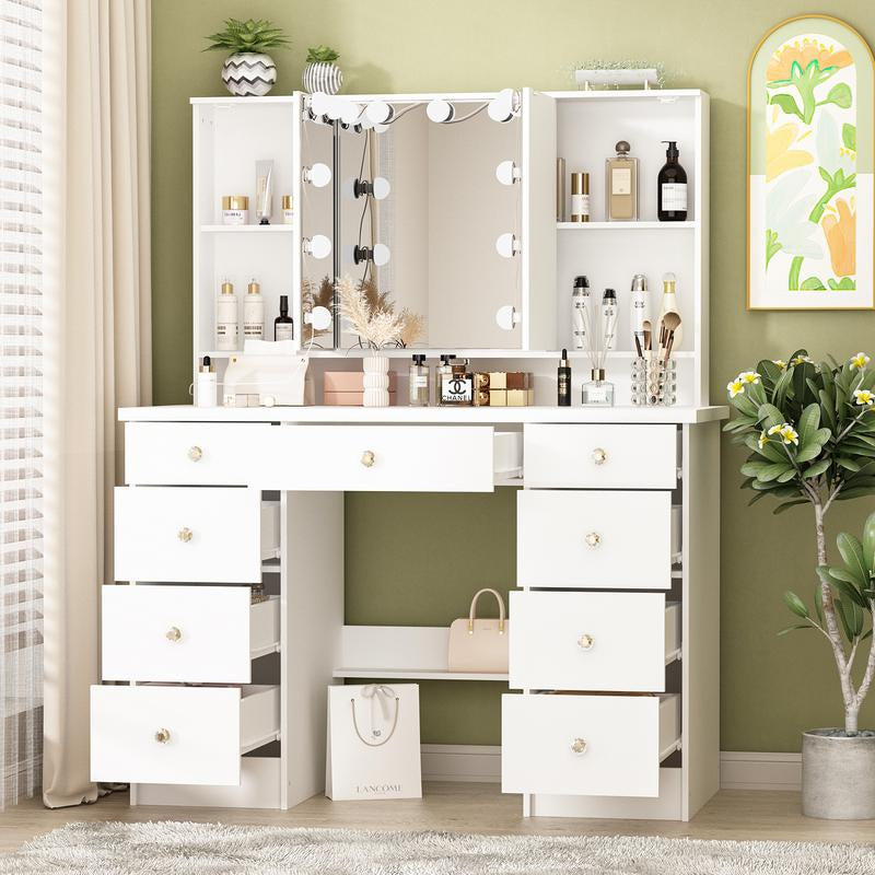 FUFUGAGA Makeup Desk with 3-Mirror and Touch Screen Light, 43.3"W Vanity Desk with 9 Drawers Furniture Organization