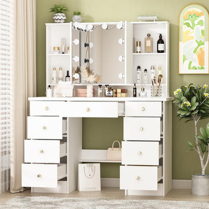 FUFUGAGA Makeup Desk with 3-Mirror and Touch Screen Light, 43.3"W Vanity Desk with 9 Drawers Furniture Organization