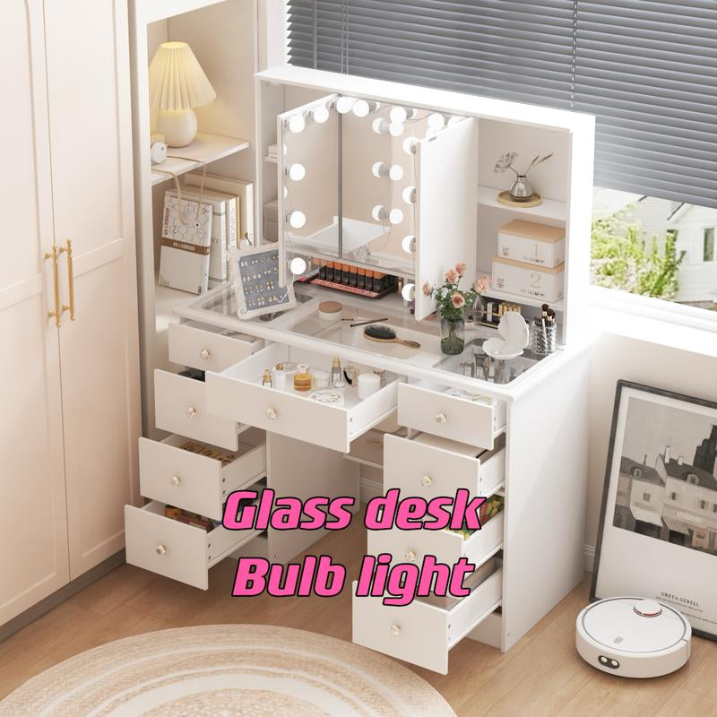 FUFUGAGA Makeup Desk with 3-Mirror and Touch Screen Light, 43.3"W Vanity Desk with 9 Drawers Furniture Organization