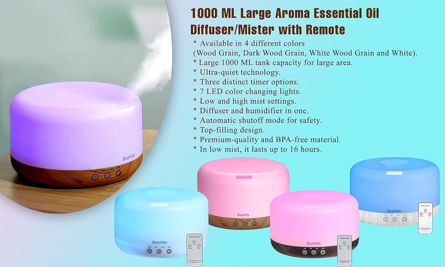 Premium 1000 ML XL Essential Oil Diffuser Aromatherapy Humidifier with Remote for Large Room Home 18 Hour Run Huge Coverage Area 1 Liter Mood Lights Extra Large Capacity White D001