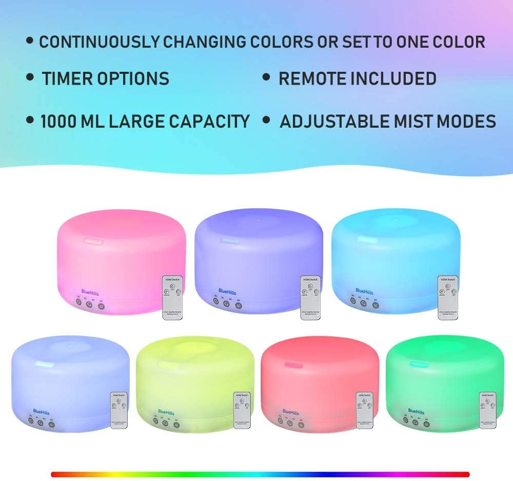Premium 1000 ML XL Essential Oil Diffuser Aromatherapy Humidifier with Remote for Large Room Home 18 Hour Run Huge Coverage Area 1 Liter Mood Lights Extra Large Capacity White D001