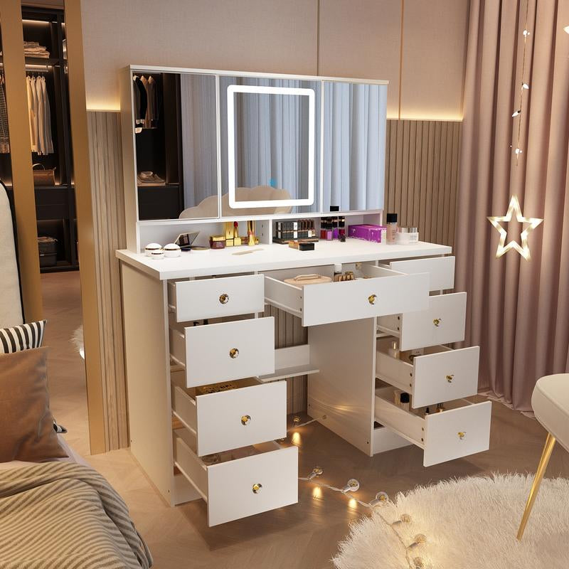 FUFUGAGA Makeup Desk with 3-Mirror and Touch Screen Light, 43.3"W Vanity Desk with 9 Drawers Furniture Organization