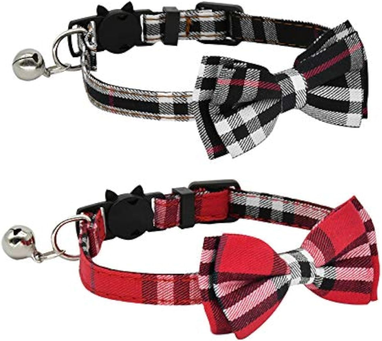 Adjustable Breakaway Cat Collar Set with  and Bell for Kittens and Small Puppies, 2 Pack (Black and Red)
