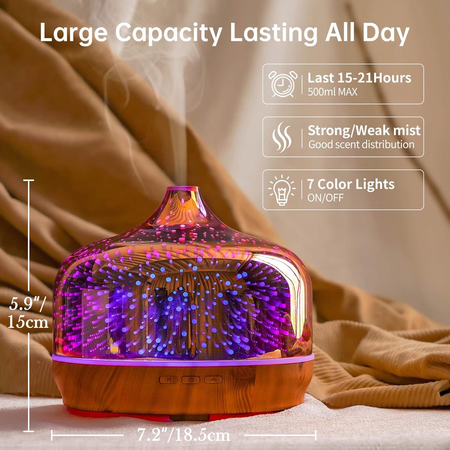 500Ml Essential Oil Diffuser 3D Glass Aromatherapy Ultrasonic Humidifier-Auto Shut-Off, Timer Setting, BPA Free for Home Hotel Yoga SPA Gift