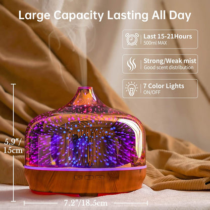 500Ml Essential Oil Diffuser 3D Glass Aromatherapy Ultrasonic Humidifier-Auto Shut-Off, Timer Setting, BPA Free for Home Hotel Yoga SPA Gift