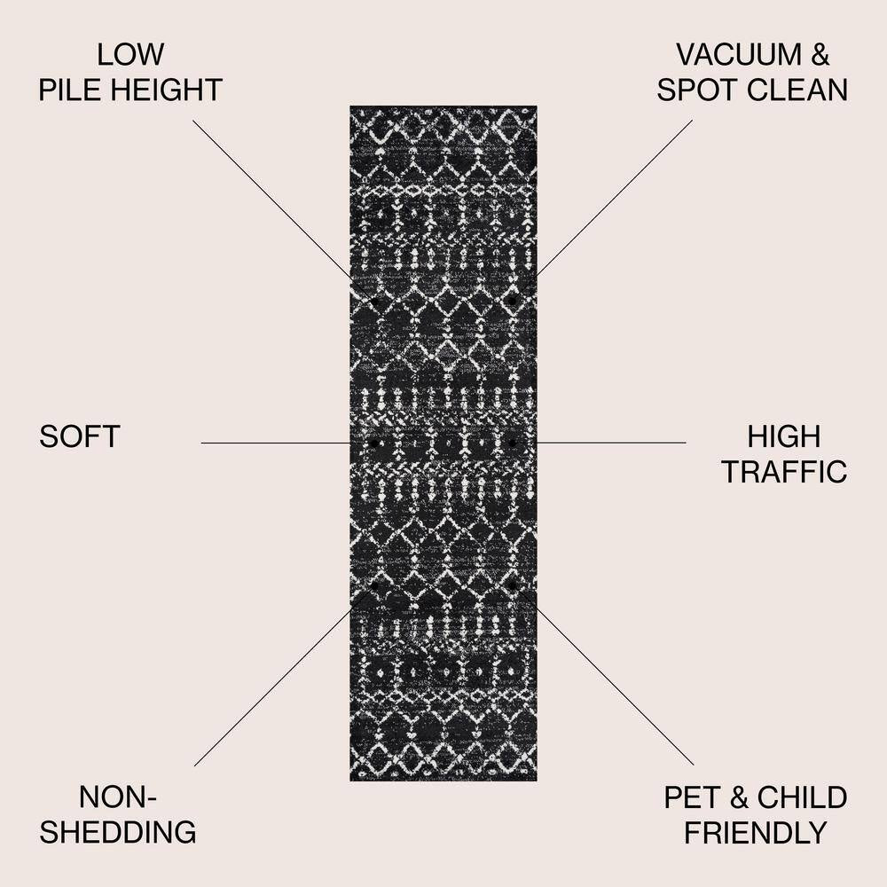 Moroccan Hype Boho Vintage Diamond Black/Ivory 2 Ft. X 10 Ft. Runner Rug
