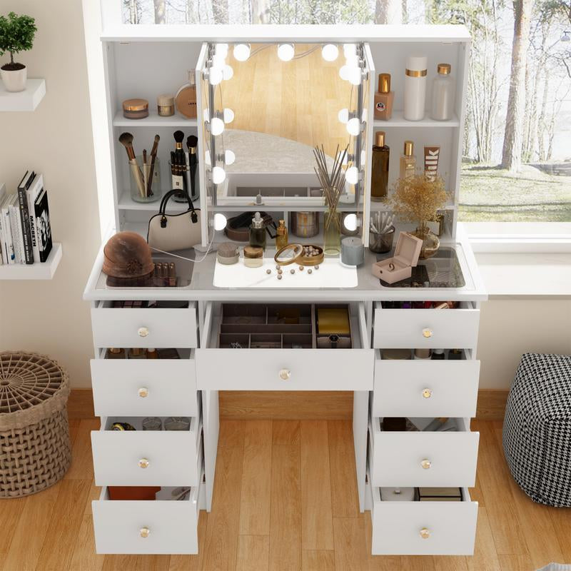 FUFUGAGA Makeup Desk with 3-Mirror and Touch Screen Light, 43.3"W Vanity Desk with 9 Drawers Furniture Organization