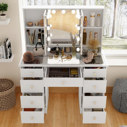 FUFUGAGA Makeup Desk with 3-Mirror and Touch Screen Light, 43.3"W Vanity Desk with 9 Drawers Furniture Organization